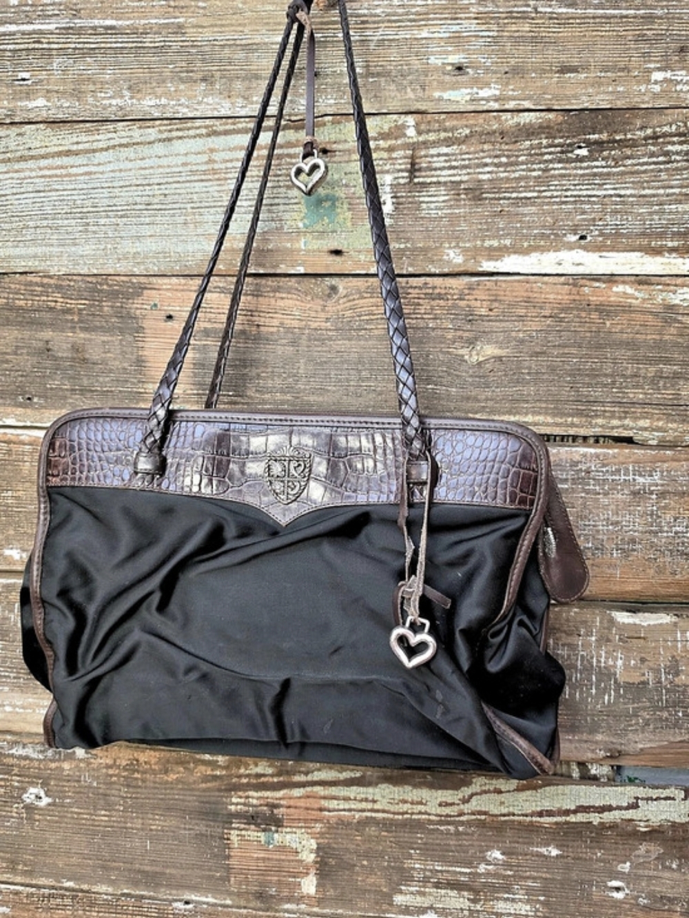 Brighton Crocodile-Embossed Shoulder Bag in Black & Brown